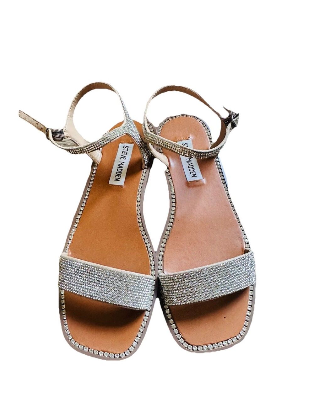 Steve Madden Rhinestone Strappy Slip-On Women's Sandals Beige Silver SZ 8 - Picture 3 of 10